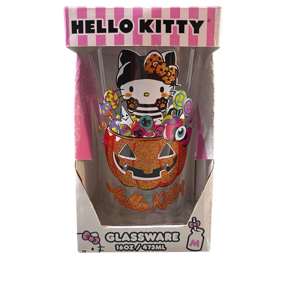 Hello Kitty‎ Halloween Glass Tumbler 16oz Glitter Pumpkin Candy Sanrio